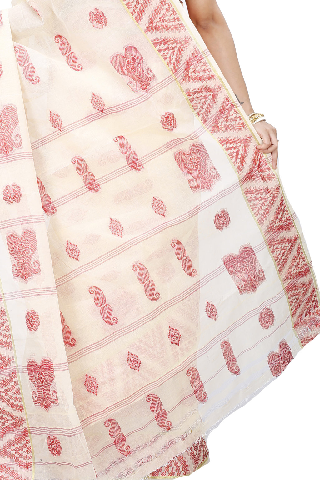 White Red Pure Cotton Gargi Tant Saree (914)